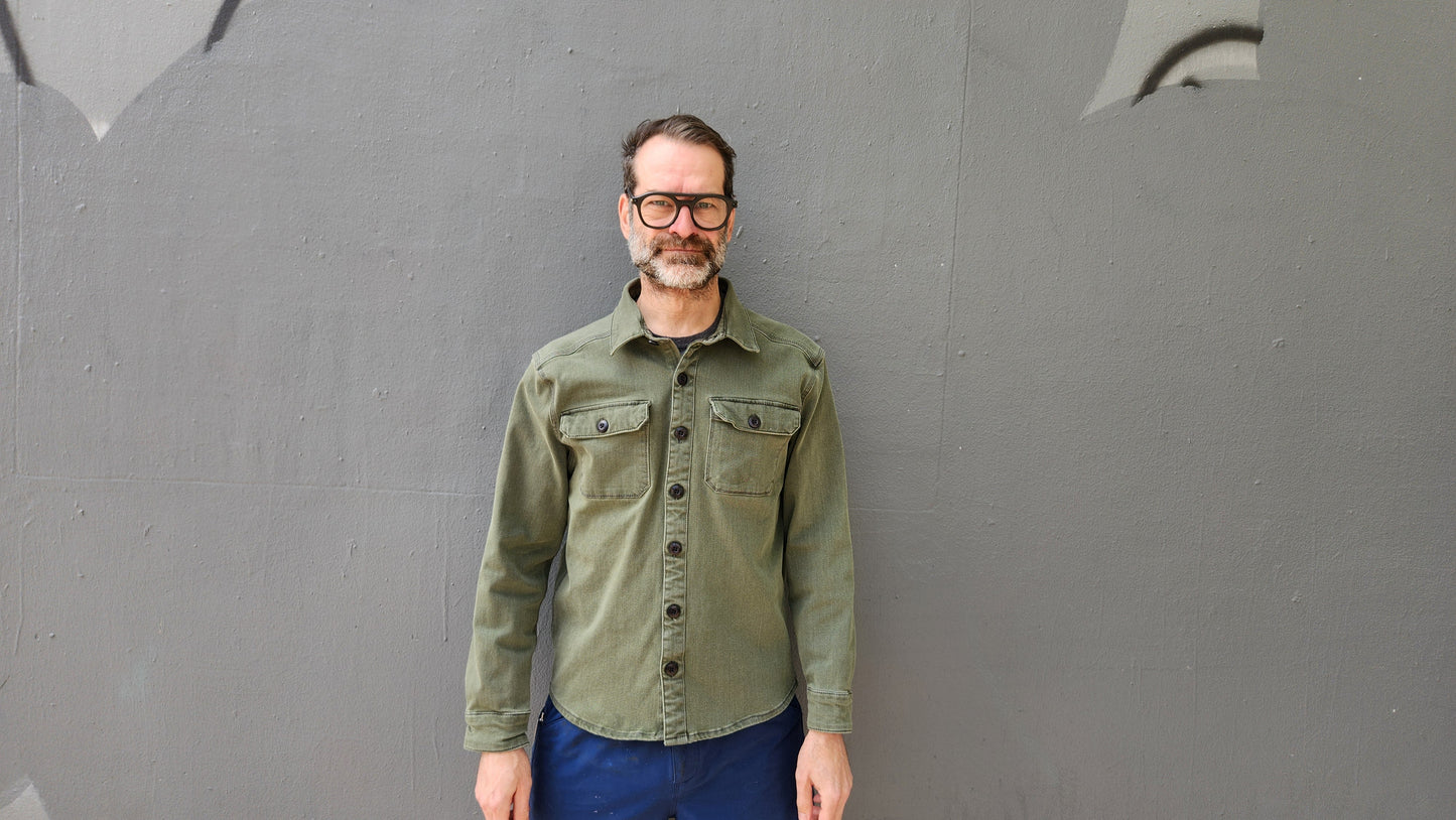 ARMY GREEN heavyweight CORDURA® DENIM shirt jacket with 4-way stretch