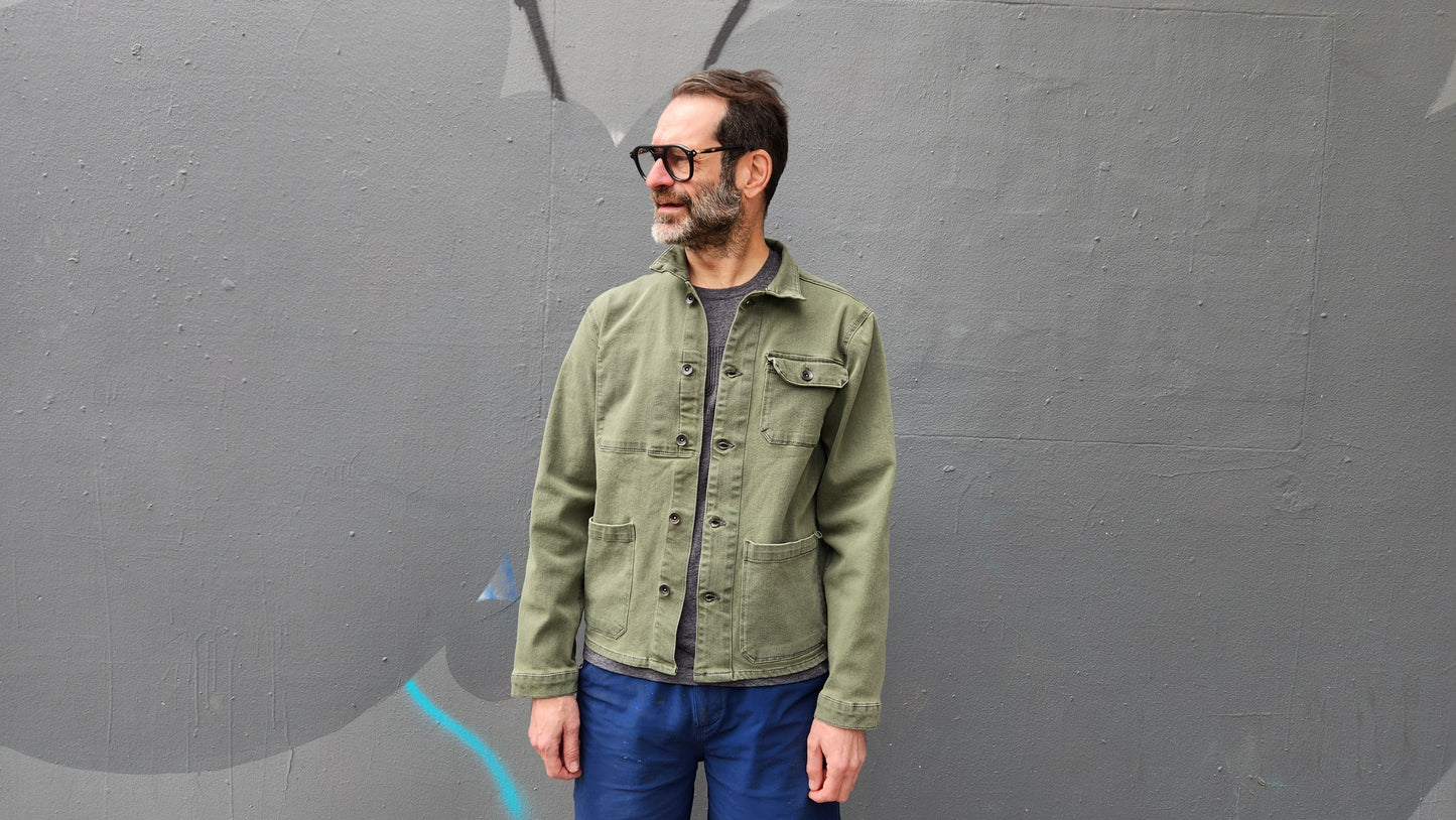 ARMY GREEN overdye CORDURA® DENIM work jacket with 4-way stretch
