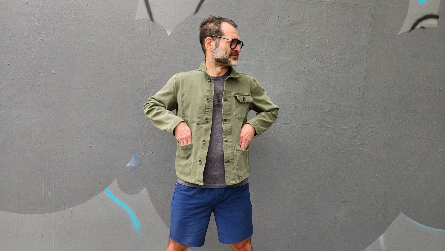 ARMY GREEN overdye CORDURA® DENIM work jacket with 4-way stretch