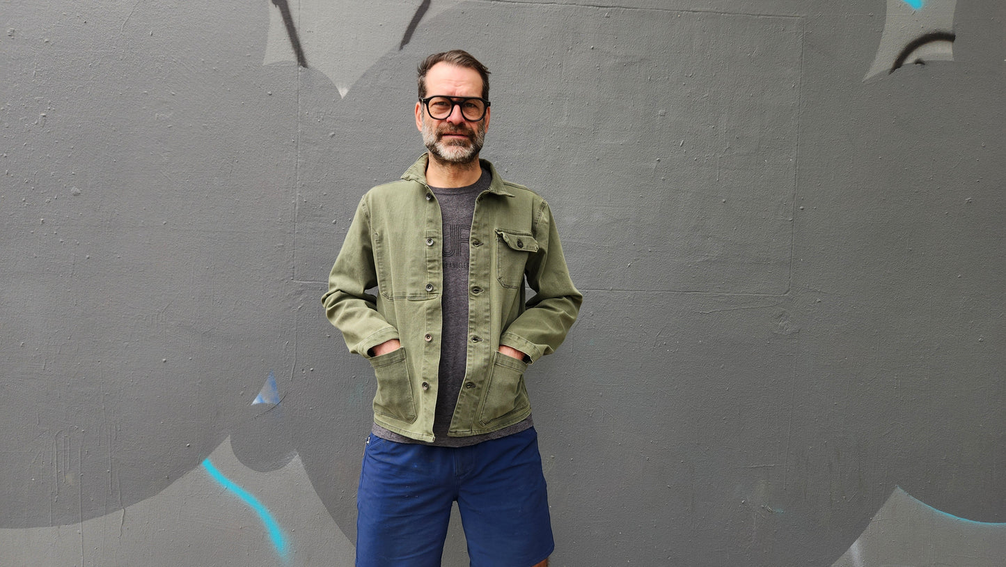 ARMY GREEN overdye CORDURA® DENIM work jacket with 4-way stretch