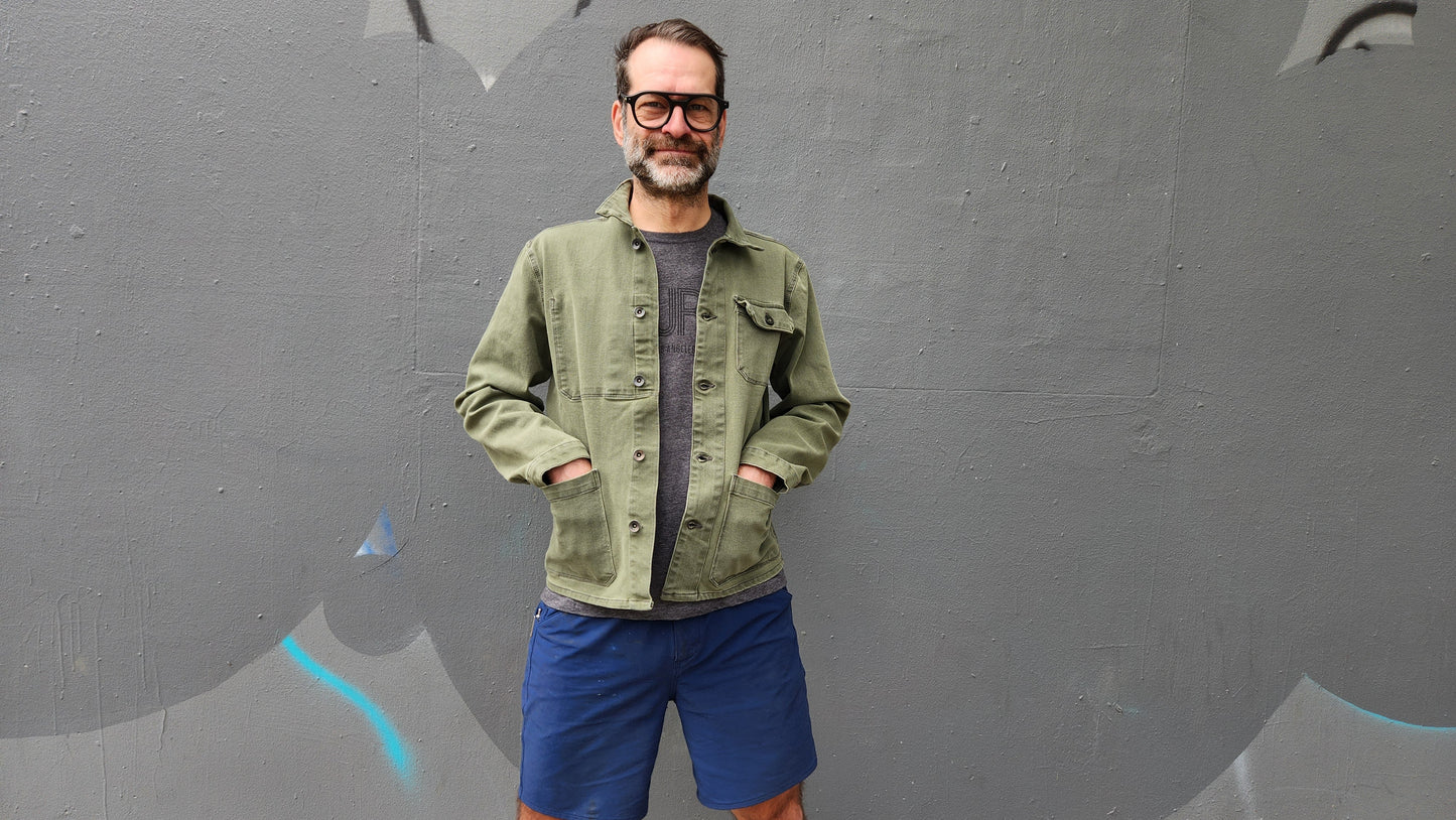 ARMY GREEN overdye CORDURA® DENIM work jacket with 4-way stretch