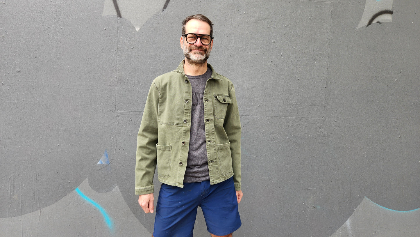 ARMY GREEN overdye CORDURA® DENIM work jacket with 4-way stretch