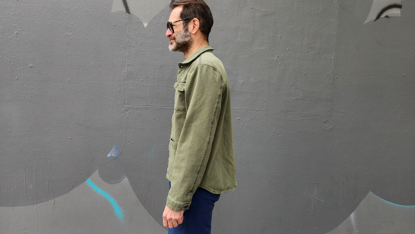 ARMY GREEN overdye CORDURA® DENIM work jacket with 4-way stretch