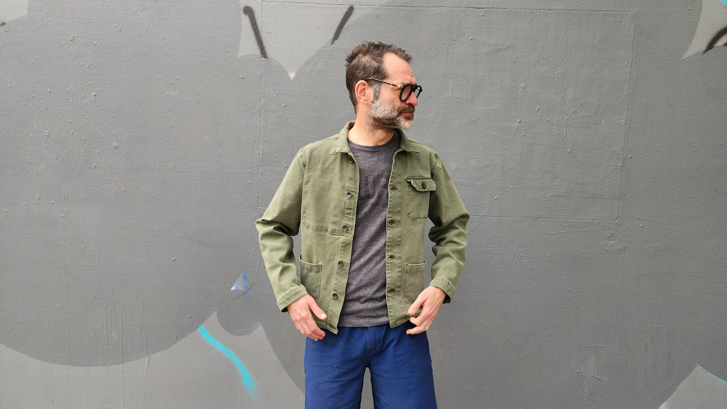 ARMY GREEN overdye CORDURA® DENIM work jacket with 4-way stretch