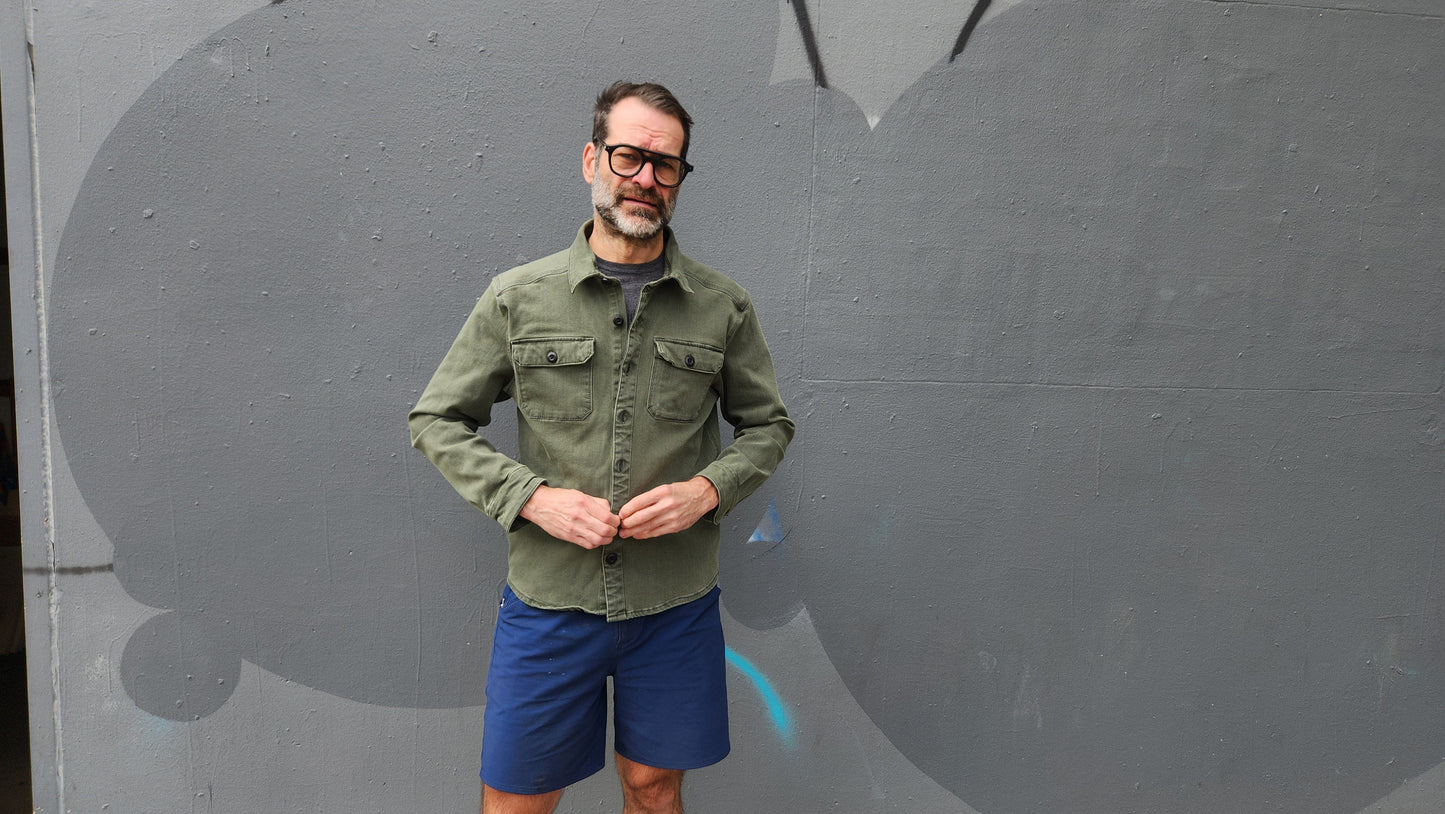 ARMY GREEN heavyweight CORDURA® DENIM shirt jacket with 4-way stretch