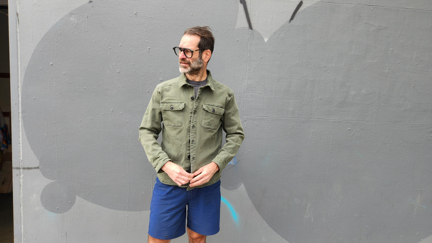 ARMY GREEN heavyweight CORDURA® DENIM shirt jacket with 4-way stretch