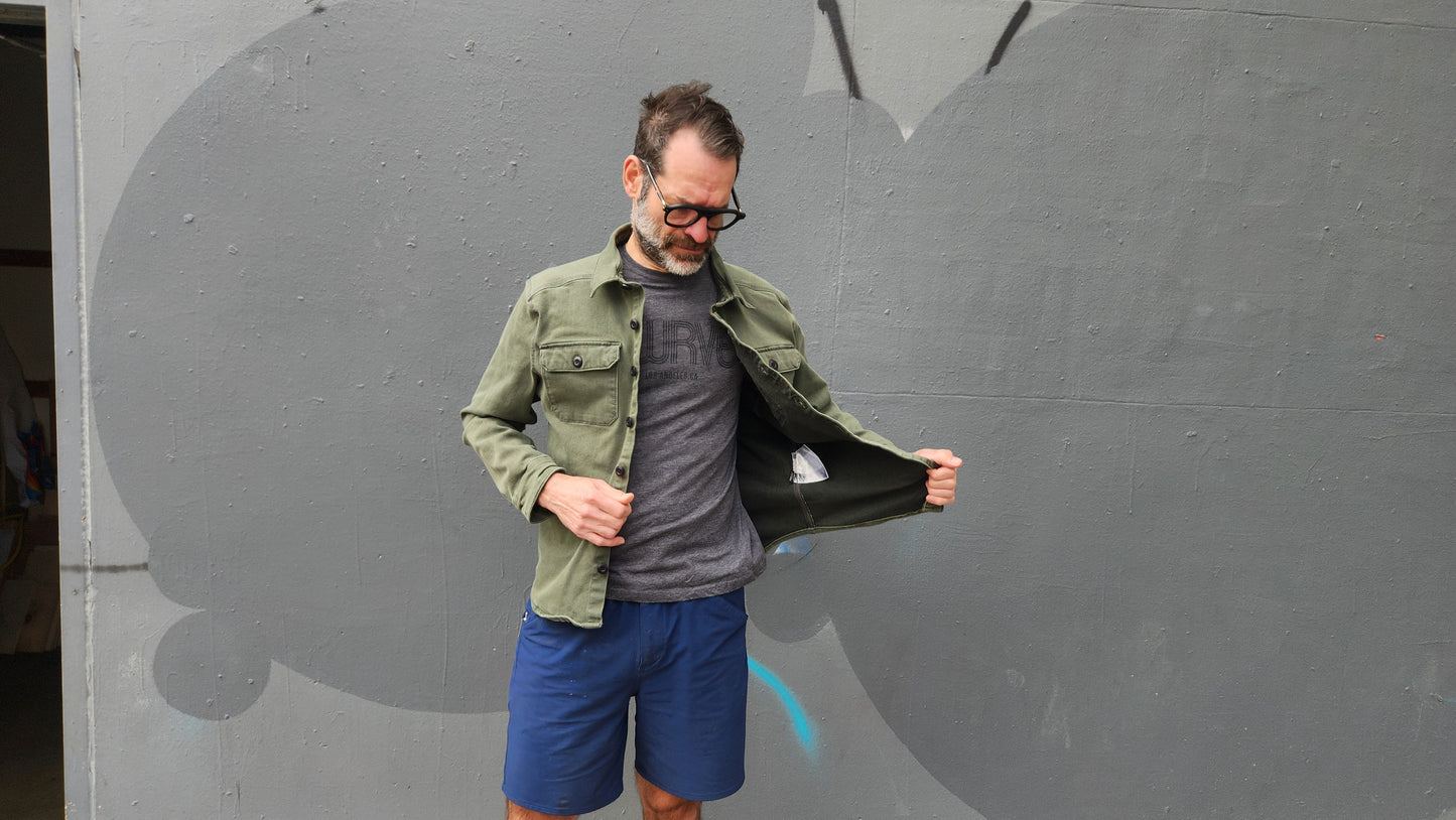 ARMY GREEN heavyweight CORDURA® DENIM shirt jacket with 4-way stretch