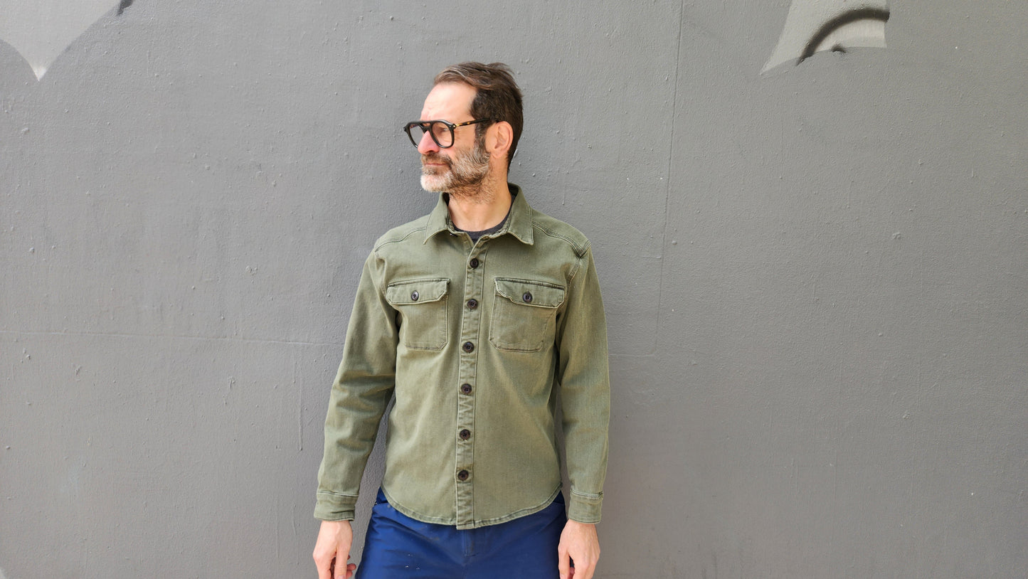 ARMY GREEN heavyweight CORDURA® DENIM shirt jacket with 4-way stretch