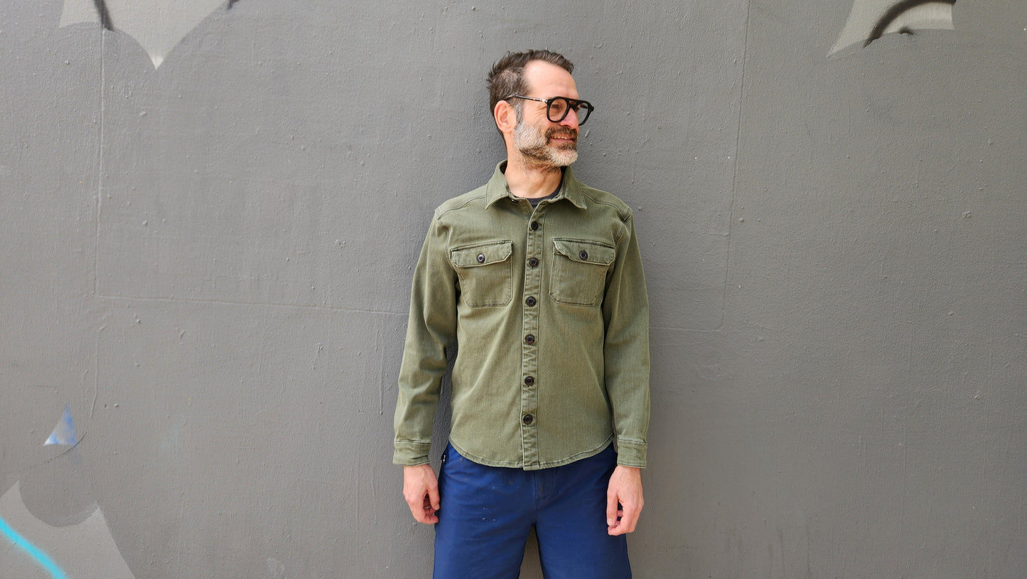 ARMY GREEN heavyweight CORDURA® DENIM shirt jacket with 4-way stretch
