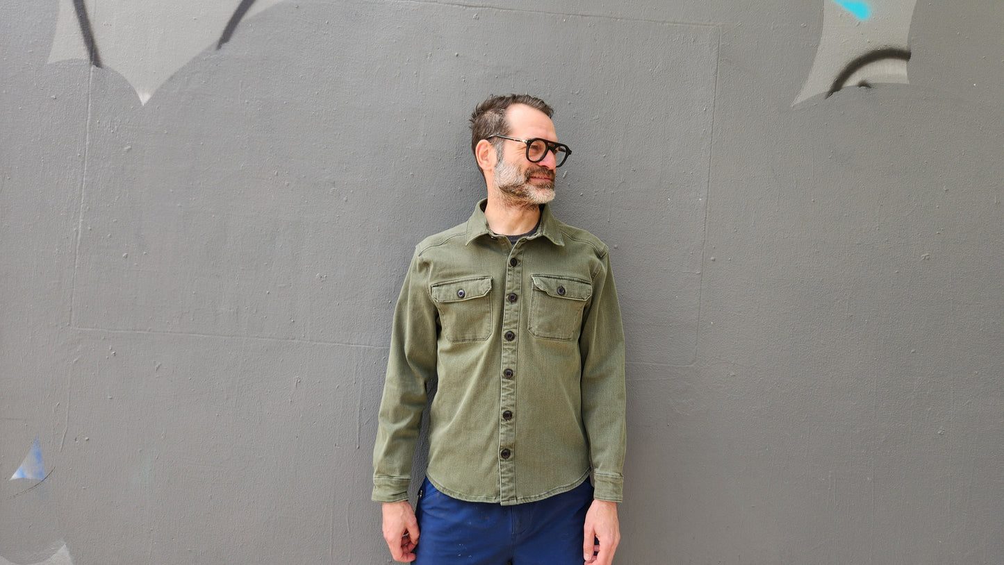 ARMY GREEN heavyweight CORDURA® DENIM shirt jacket with 4-way stretch