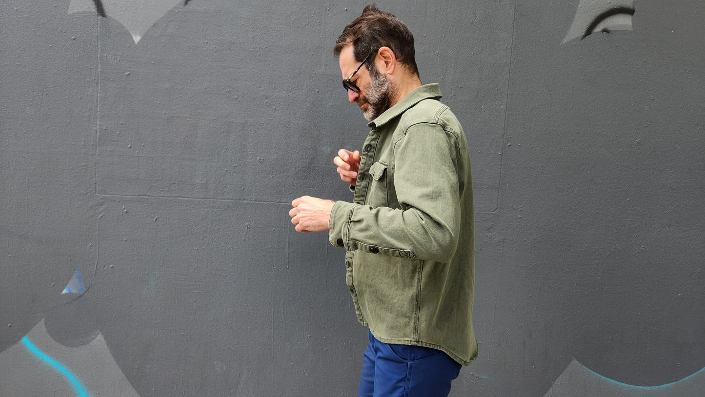 ARMY GREEN heavyweight CORDURA® DENIM shirt jacket with 4-way stretch