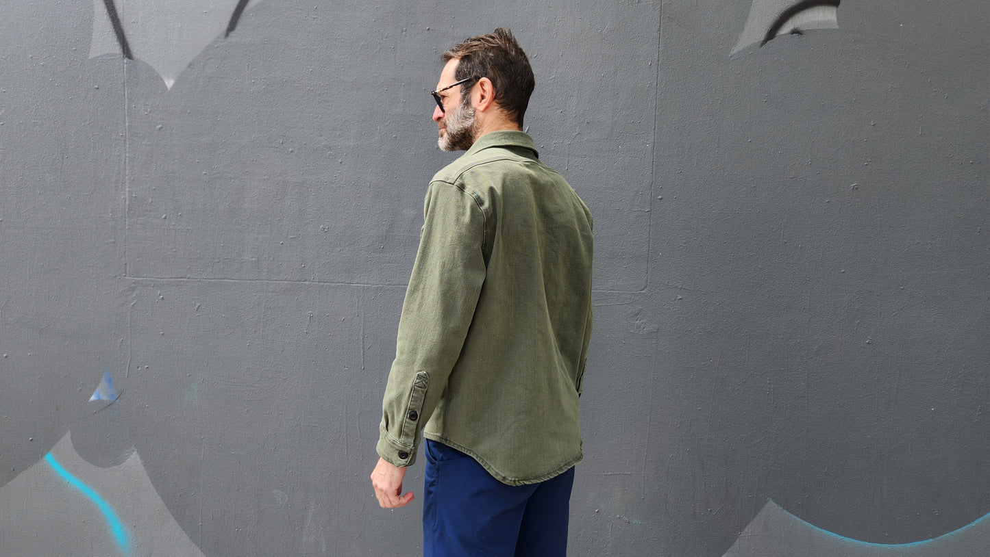 ARMY GREEN heavyweight CORDURA® DENIM shirt jacket with 4-way stretch