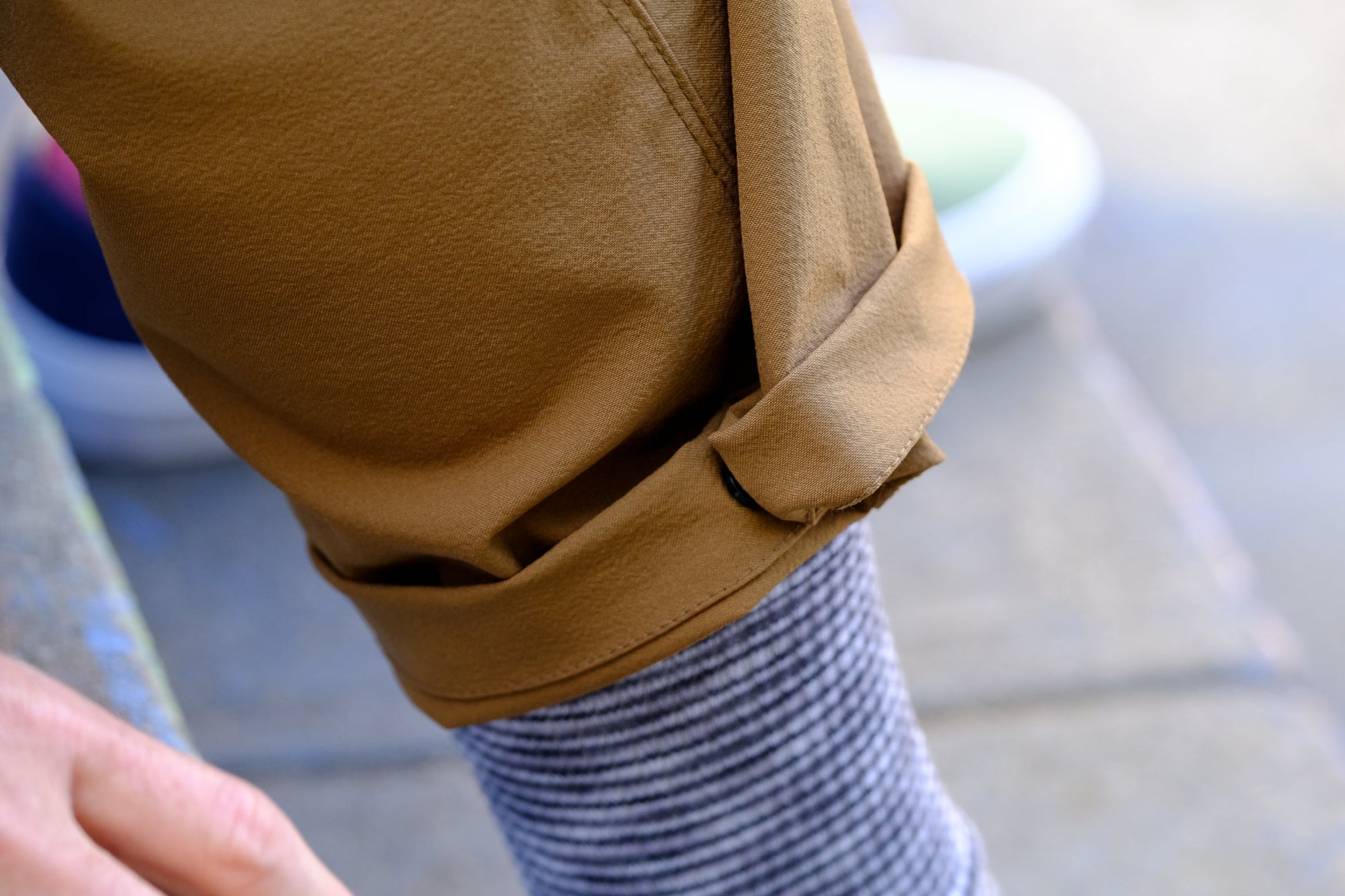 detail of the cuff of the tracko collab work pant in coyote