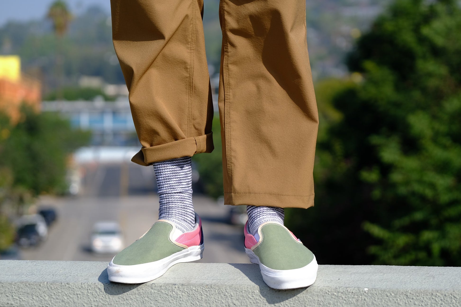 detail of the cuff of the tracko collab work pant in coyote