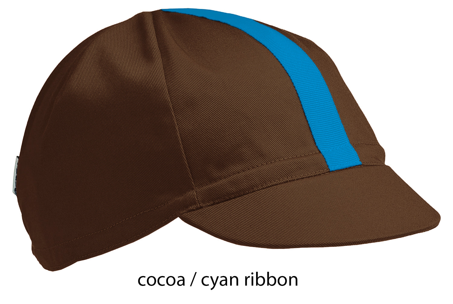 flatshot of our cocoa 4 panel cotton cap with a cyan ribbon