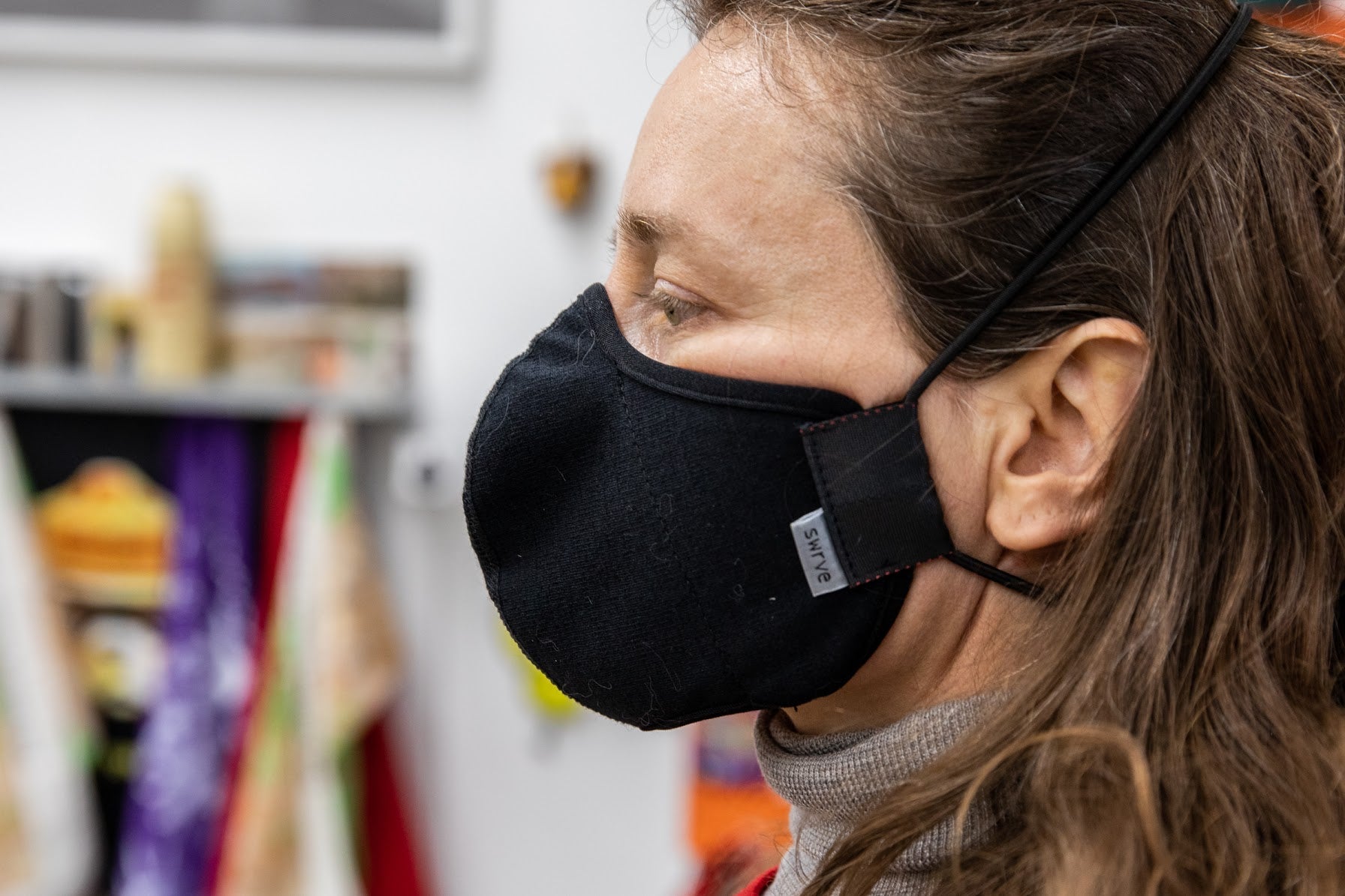 muriel wearing the 4 layer ponti wool mask in black in the adult fit