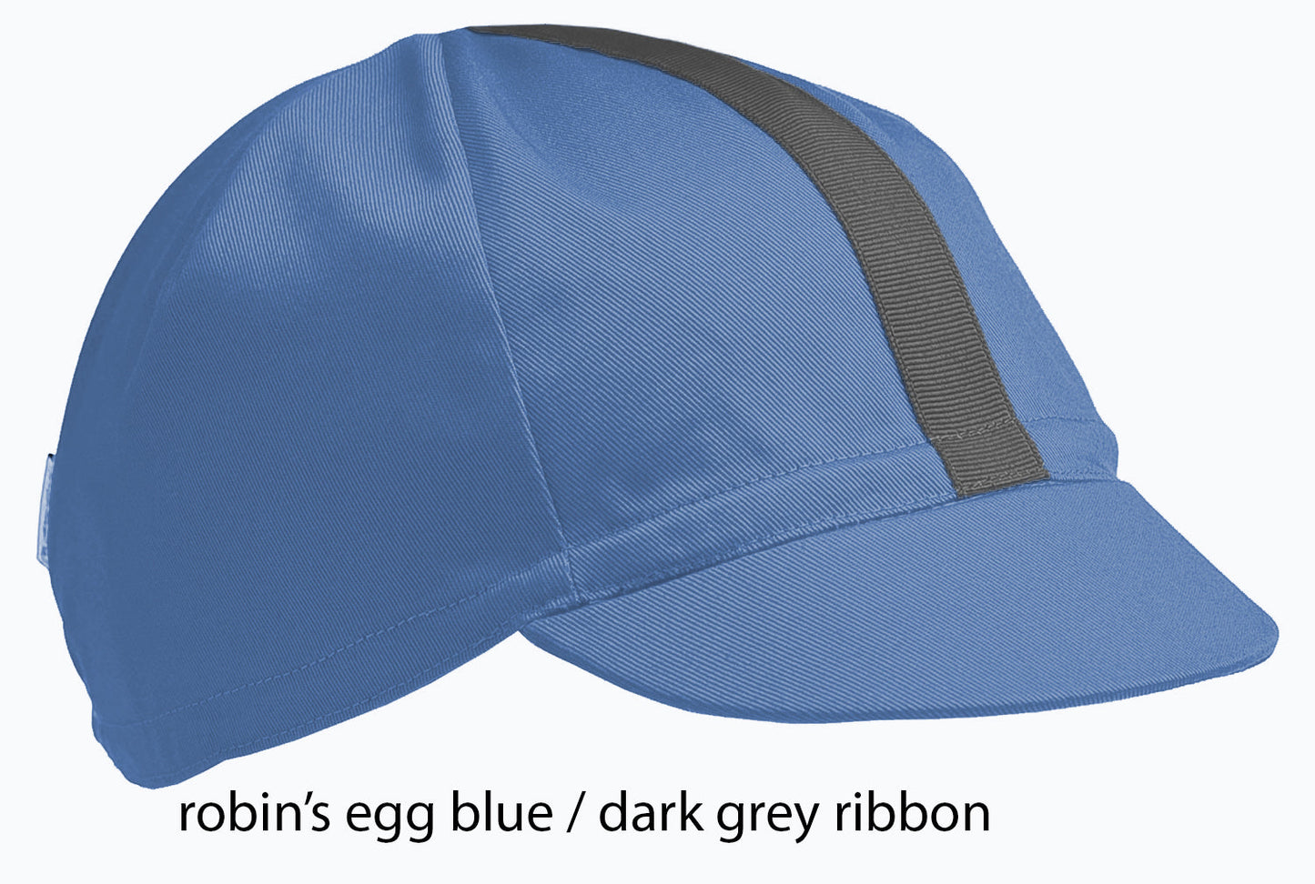 flat shot of the robin's egg blue 4 panel cap with dark grey ribbon
