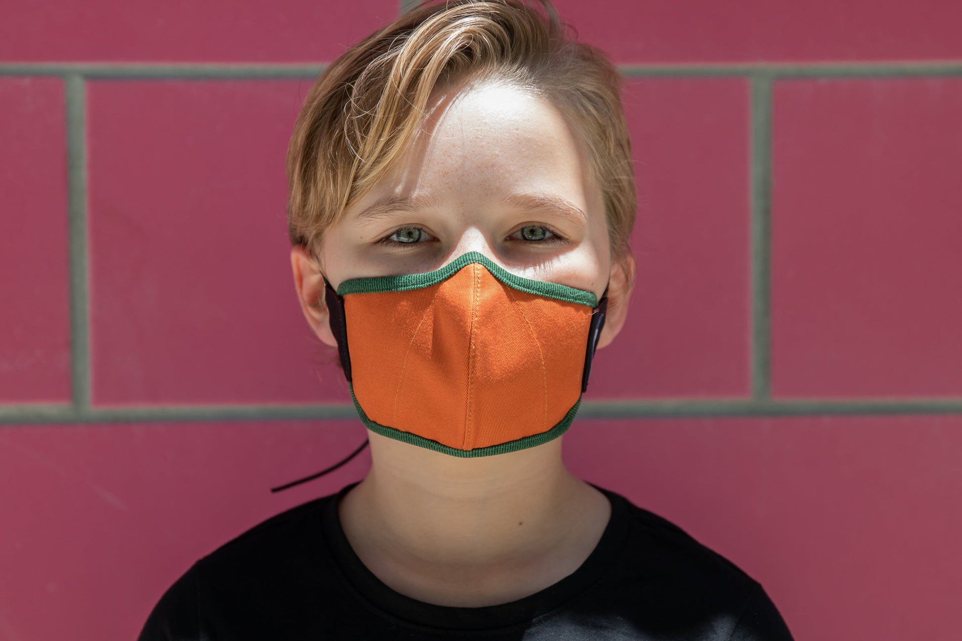 model wearing abby's kids summer cotton mask in spiral