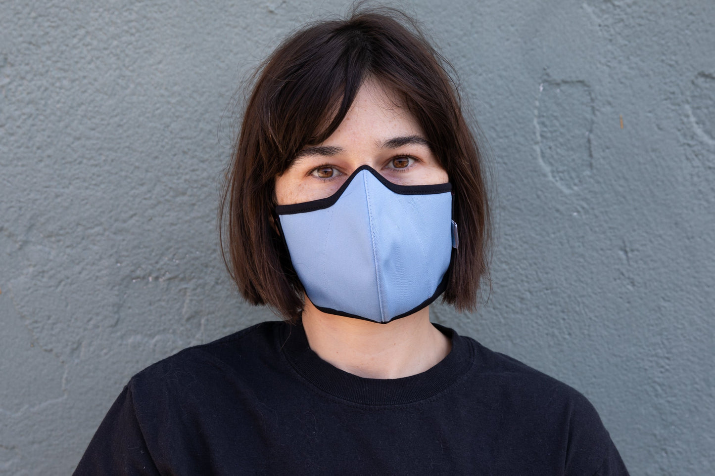 roxy wearing the organic summer cotton mask in robin's egg blue