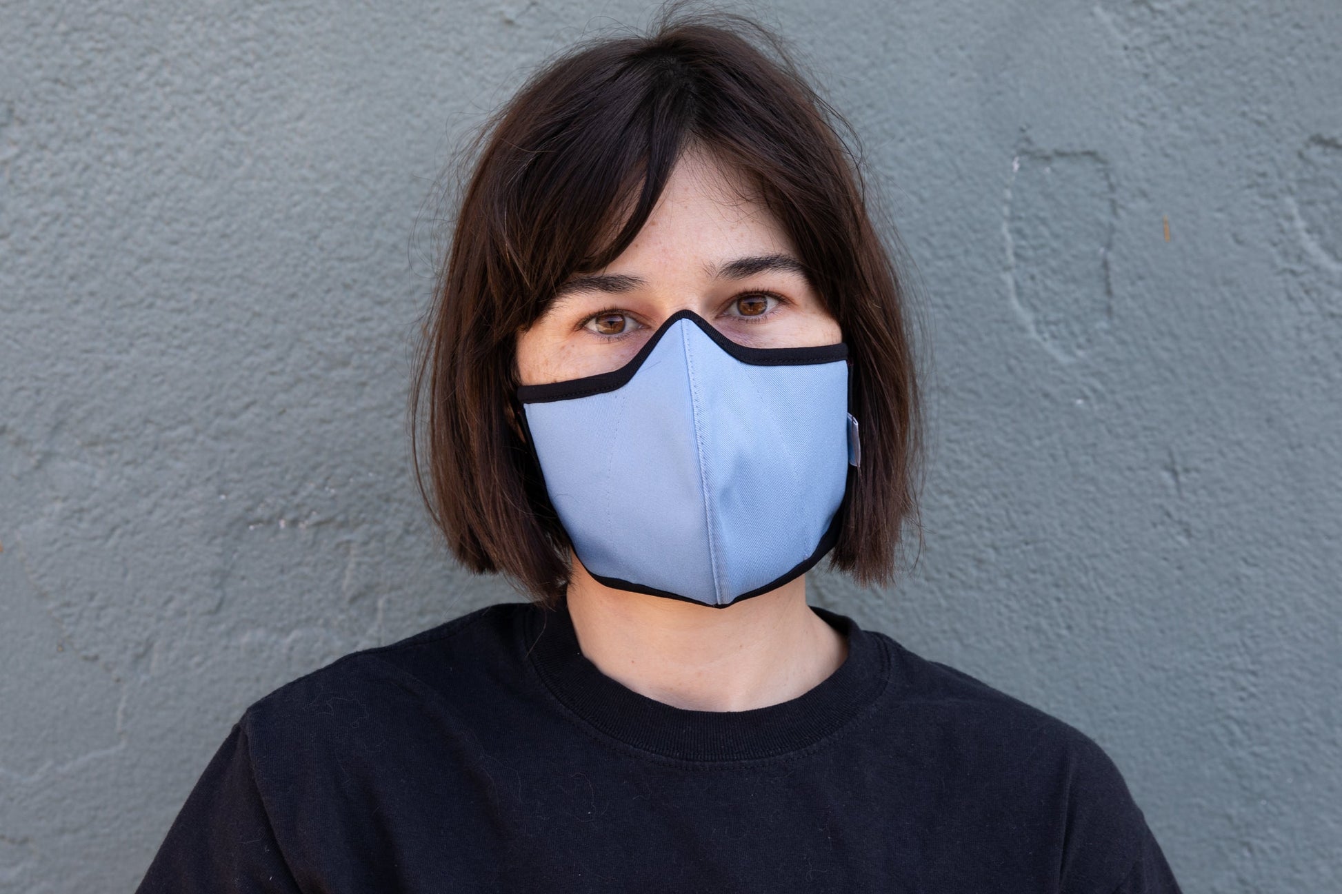 roxy wearing the organic summer cotton mask in robin's egg blue