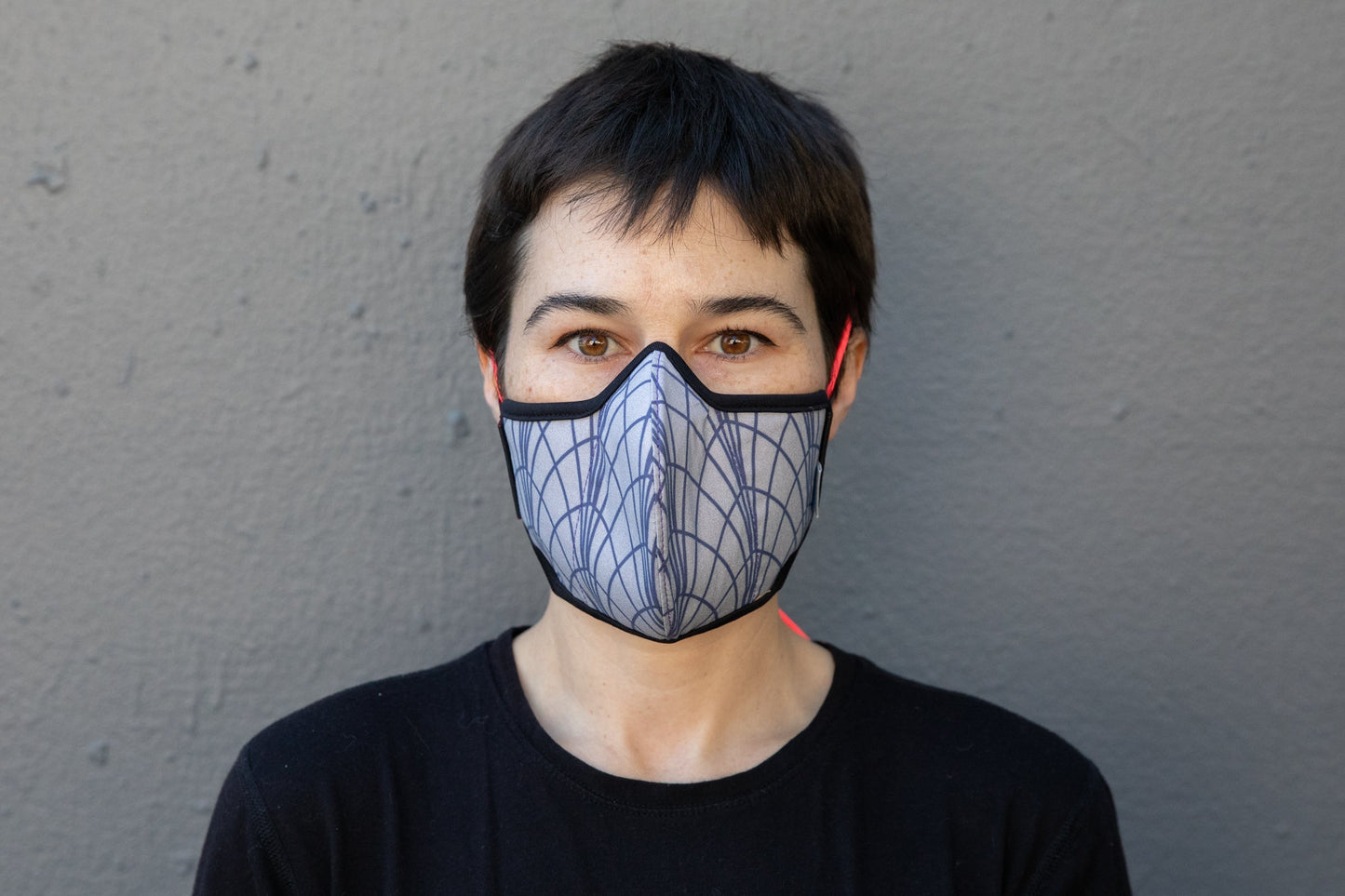 roxy wearing the art deco cotton mask in empire