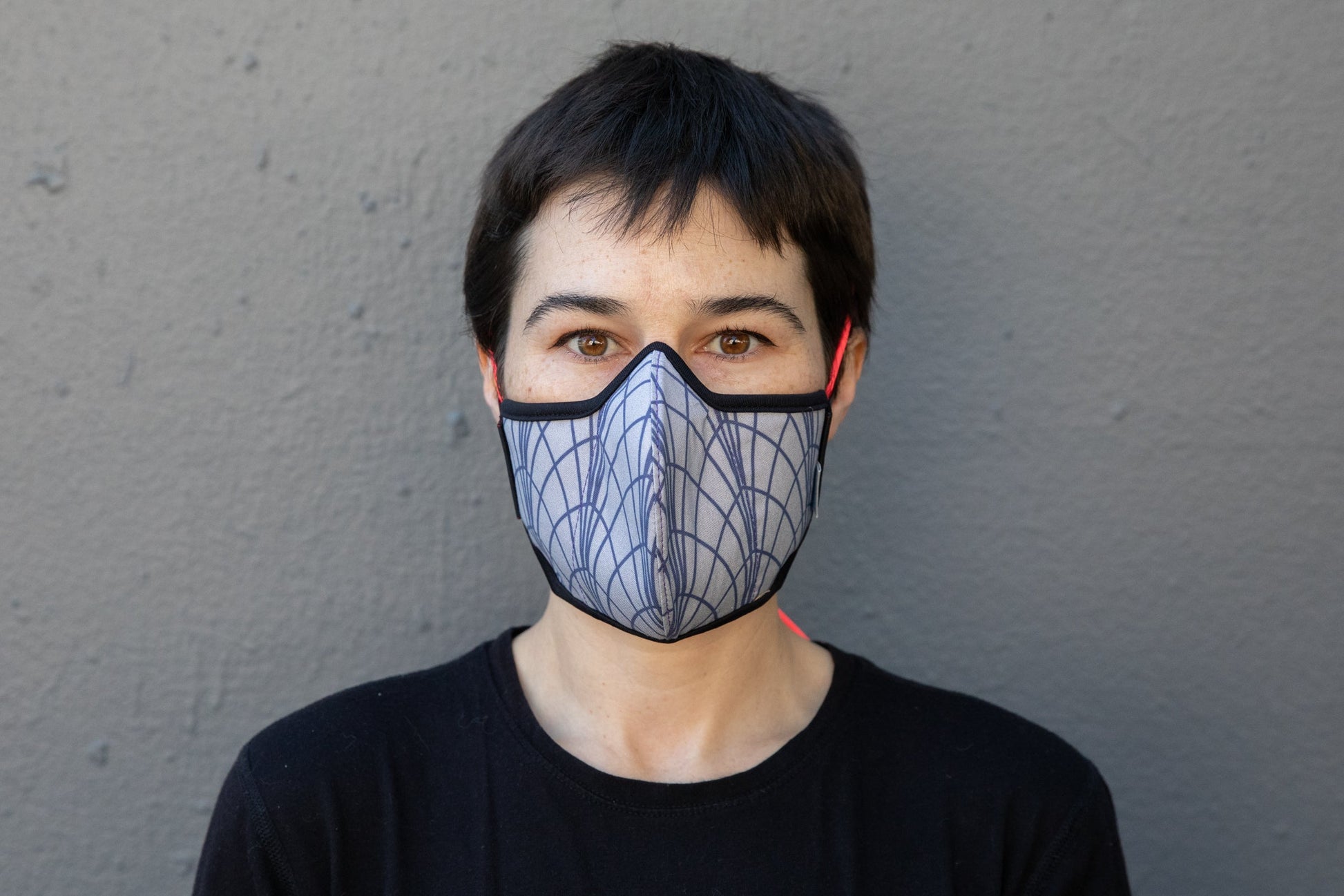 roxy wearing the art deco cotton mask in empire