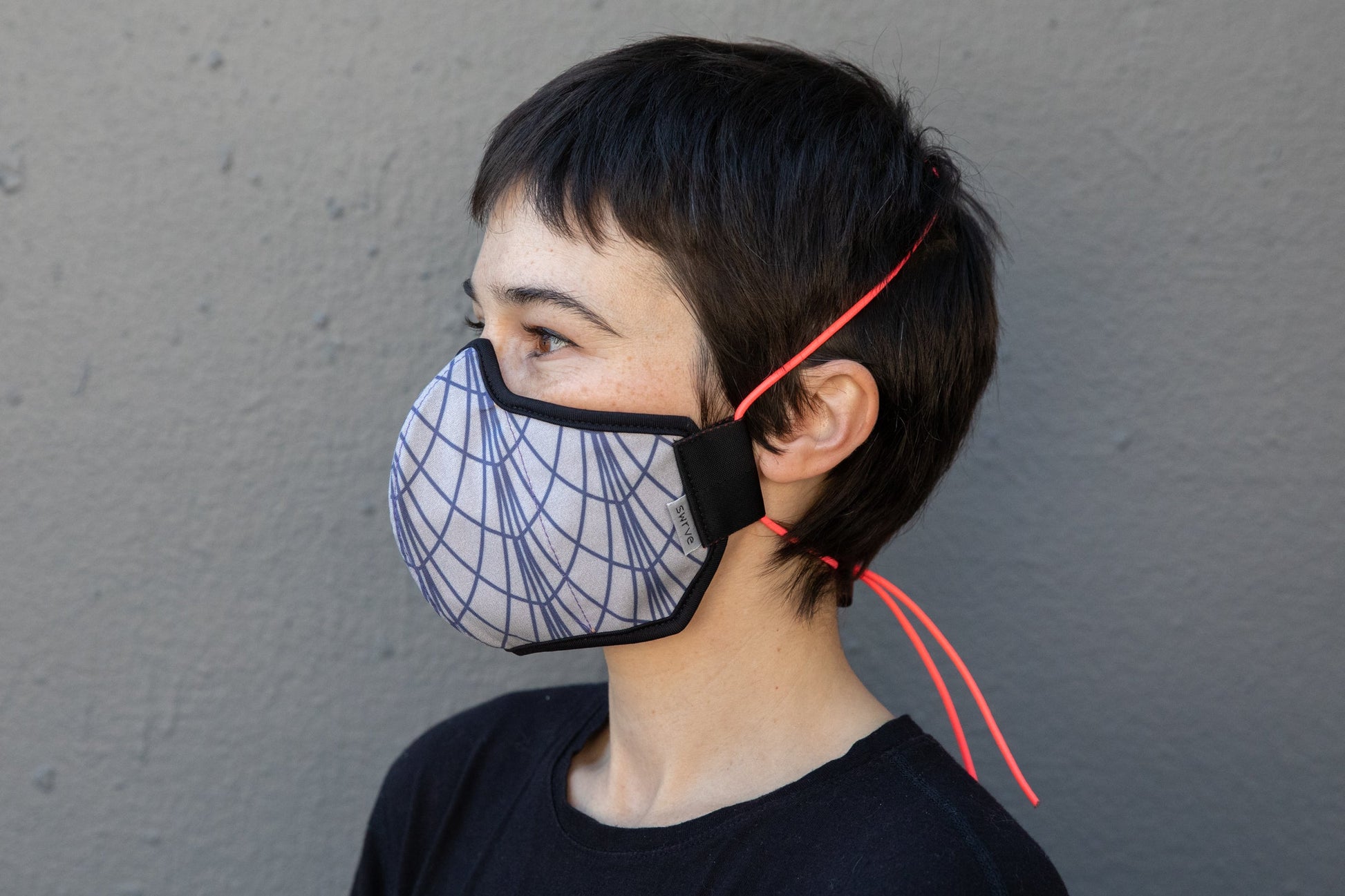 roxy wearing the art deco cotton mask in upside down empire