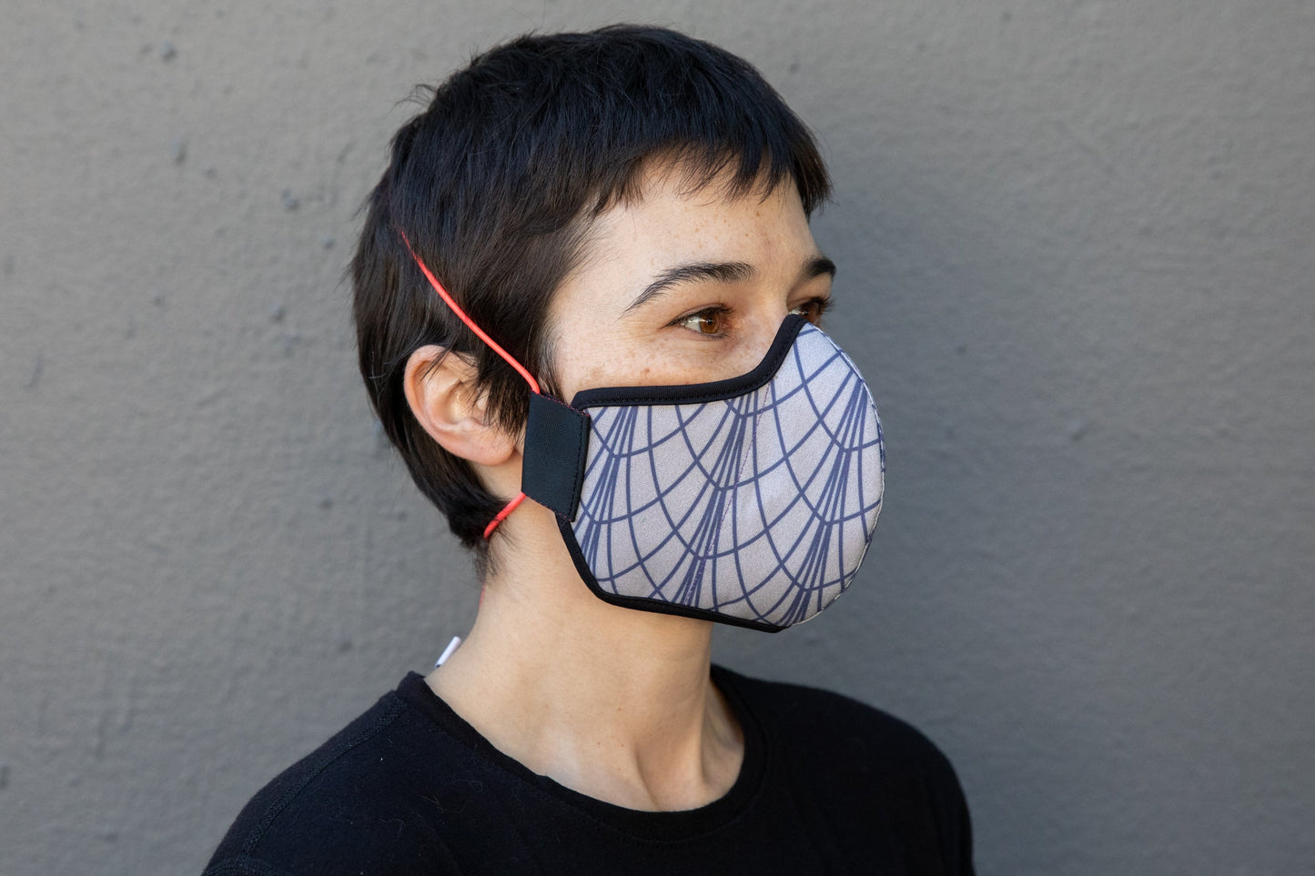 roxy wearing the art deco cotton mask in upside down empire