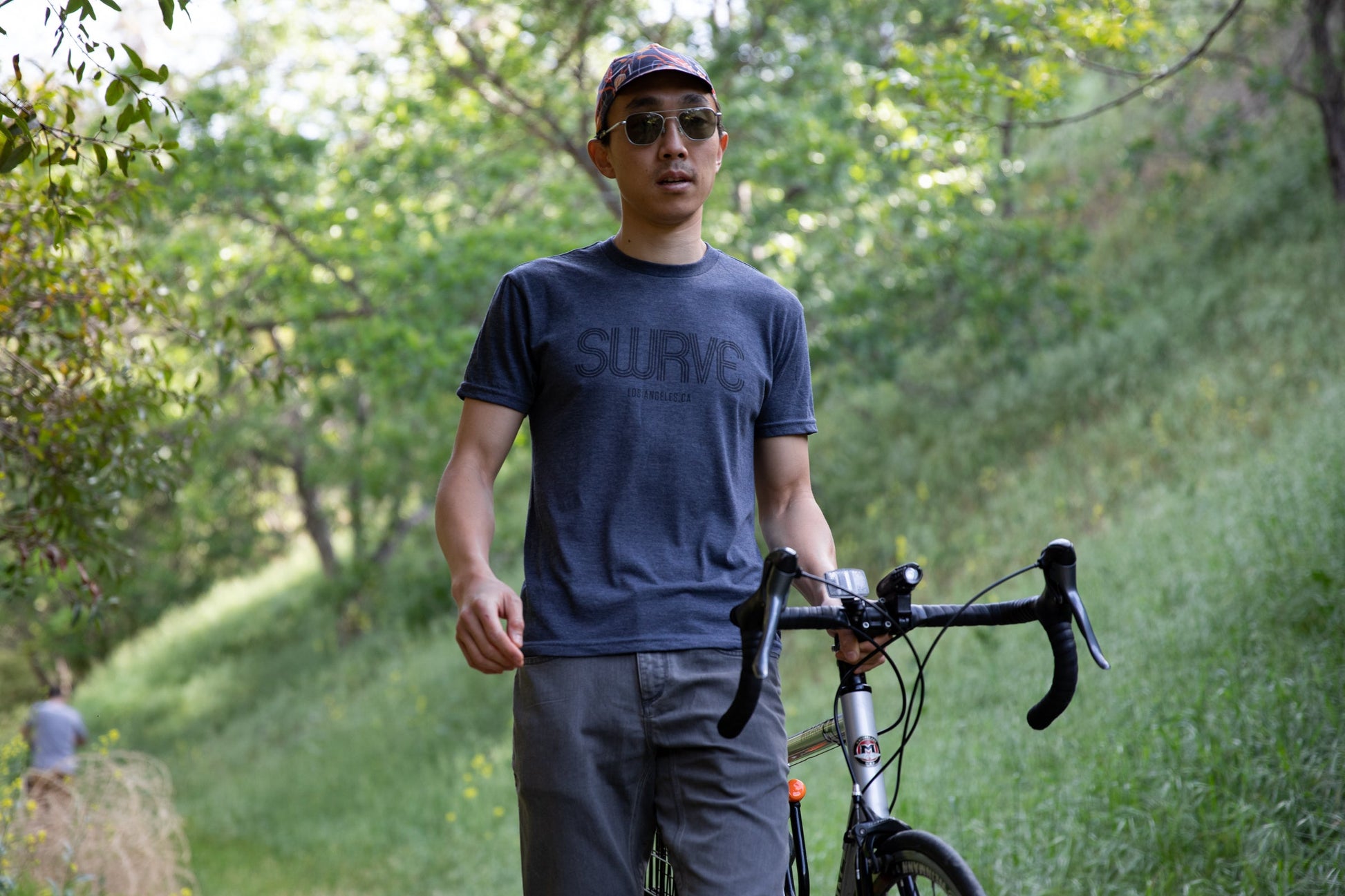 Teddy in USA super soft tri-blend 1968 swrve logo t-shirt in heather navy.