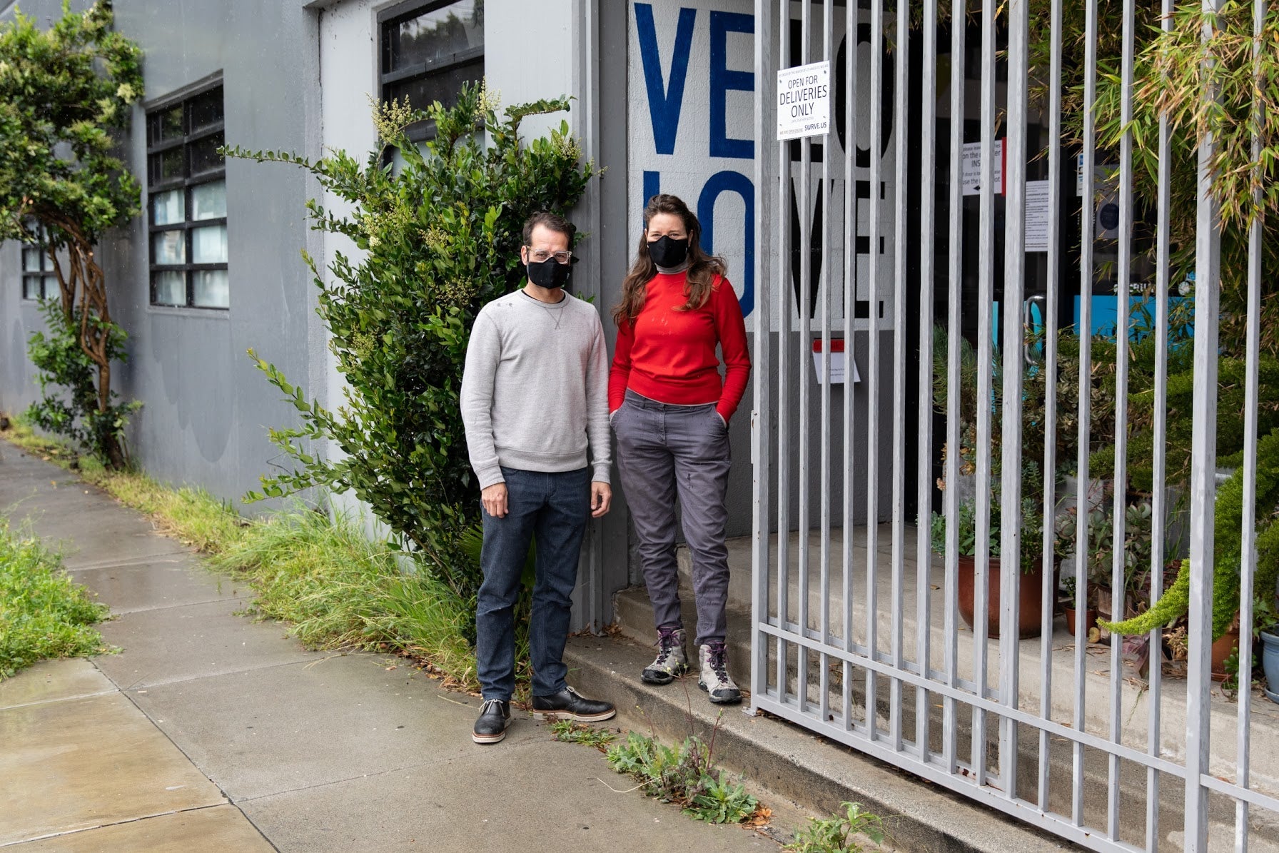 matt and muriel wearing the 4 layer ponti wool mask in black in the adult fit